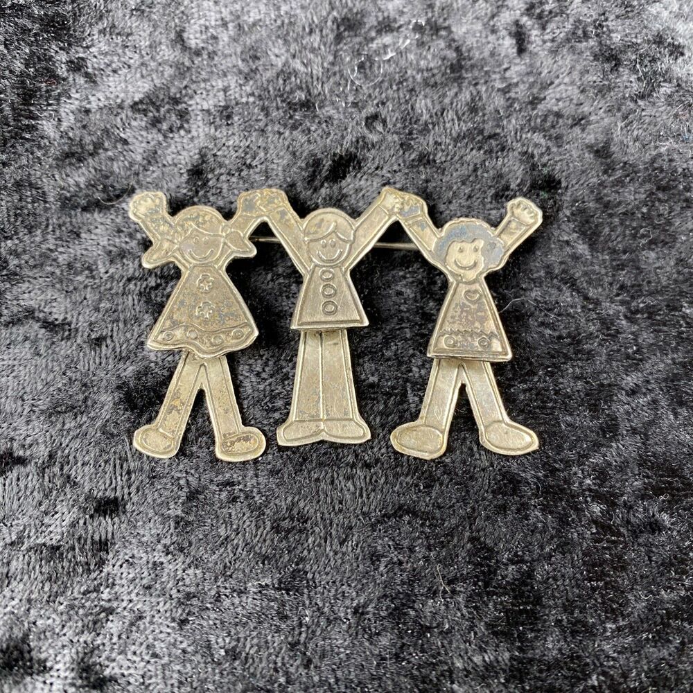 Vintage EFS Sterling Sliver 3 Children Holding Hands Brooch Dangle Legs Teacher